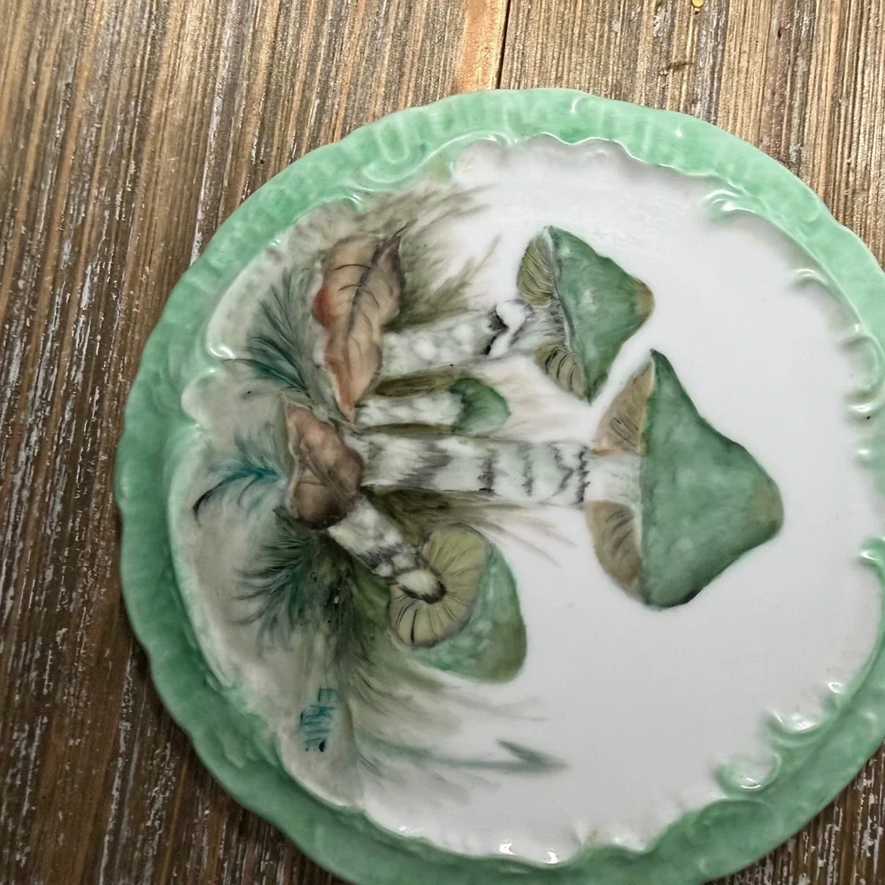 Vintage Mushroom Decorative Plate Painted Green Fairycore Cottagecore Whimsical